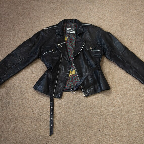 Vintage 1980s Black Real Leather Cinched Jacket W… - image 9