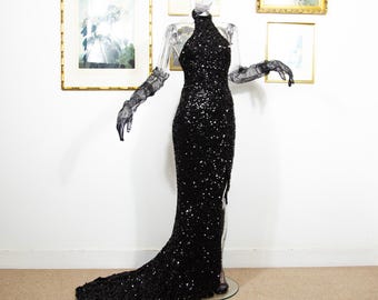 Vintage 1980s Black Sequin Halter Gown with Train Old Hollywood Glamour Hourglass Silhouette Size UK 8–10