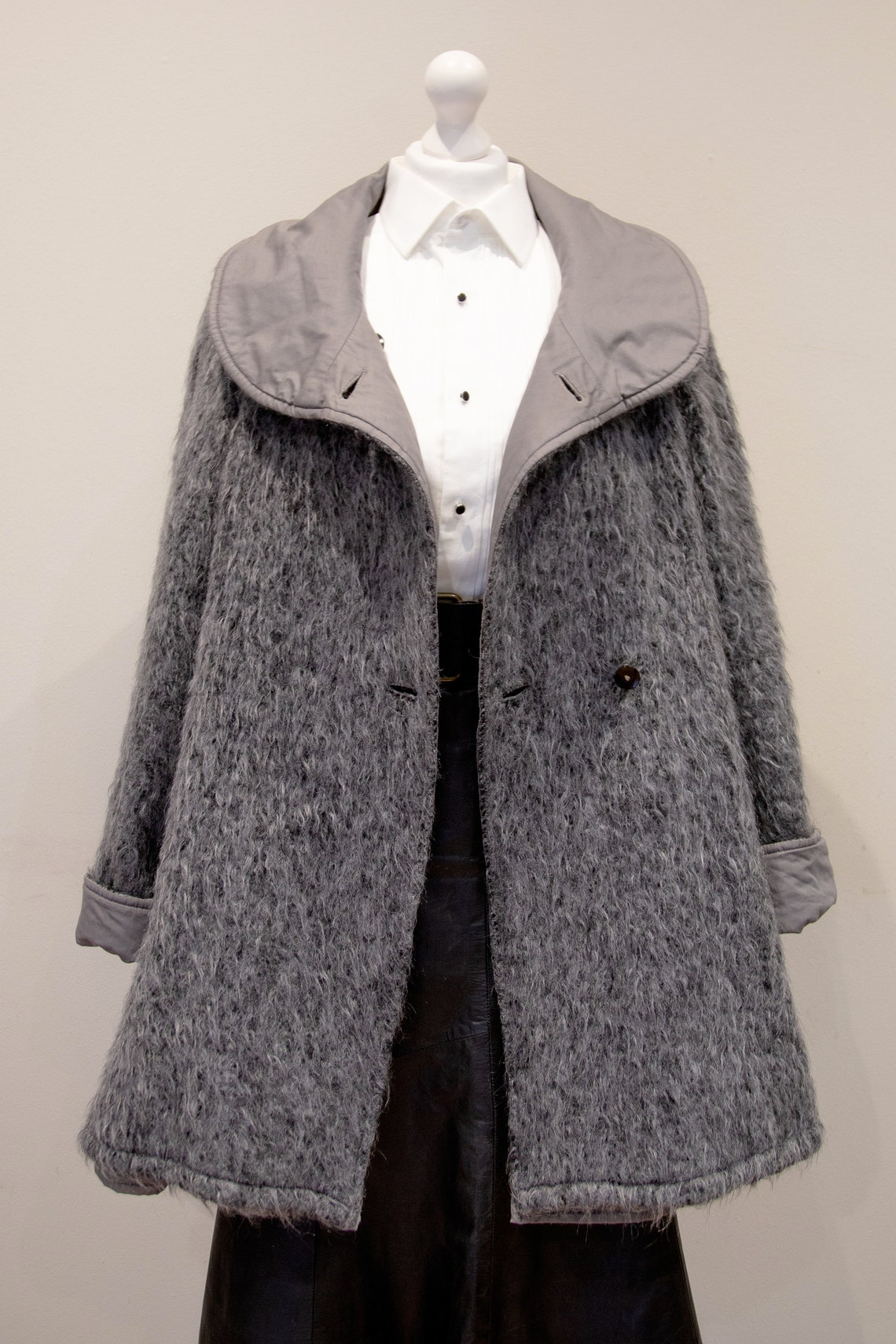 Vintage Grey Fluffy Reversible Wool Mohair Coat High Neck Size Etsy