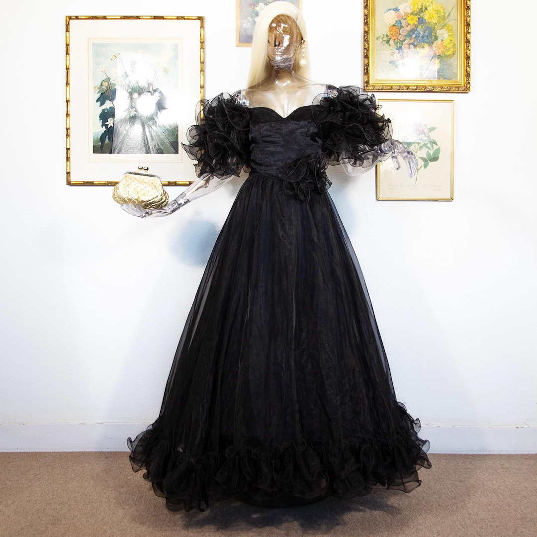 Vintage 1980s Black Organza Ball Gown off Shoulder Puff Sleeve Dress Size UK 10-12