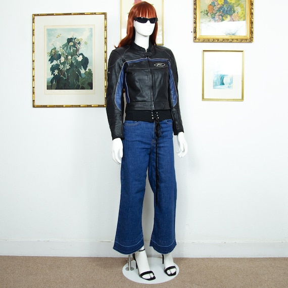 Vintage 1990s Black Real Leather Biker Short Jacket Blue Details Motorcycle Long Sleeves Size XS - Etsy Vintage 1990s Black Real Leather Biker Short Jacket Blue Details Motorcycle Long Sleeves Size XS - Etsy