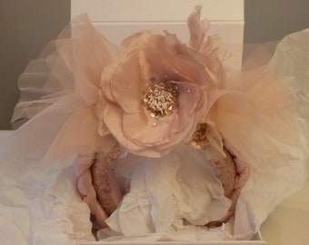 Pink sequin,tulle and silk flower padded headband