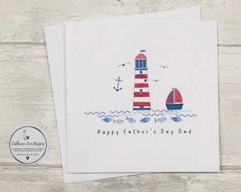 Father's Day Card, Personalised Nautical Fish Lighthouse Father's Day Card for Dad, Step Dad, Grandad, Daddy  (you choose)