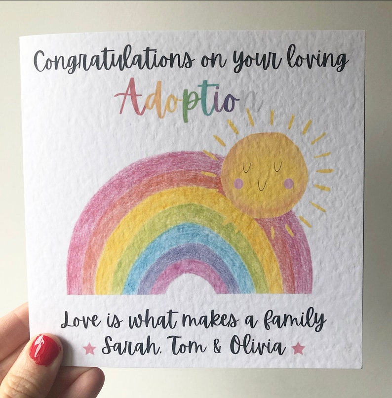 Rainbow and sunshine personalised adoption family card. Adoption Card Congratulations on your loving adoption