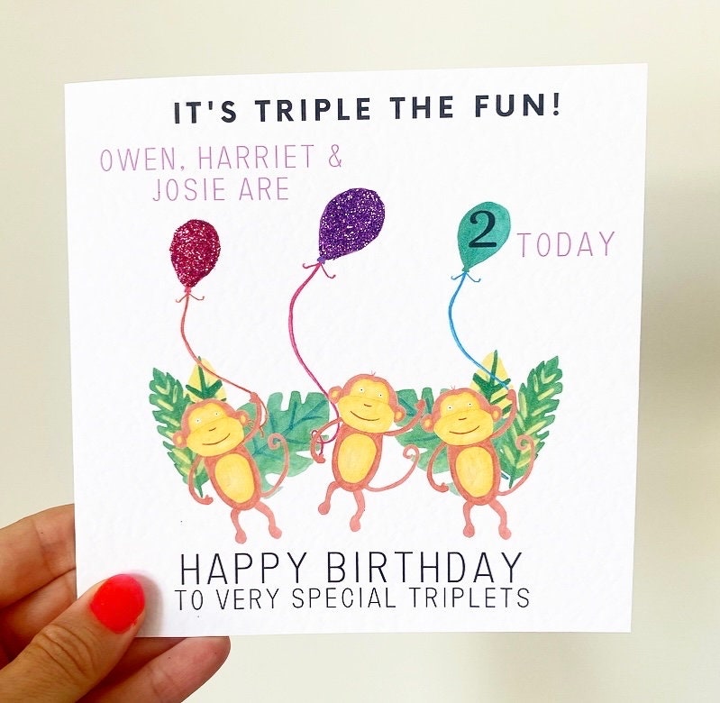 Triplets Birthday Card, Personalised Names and Any Age Happy
