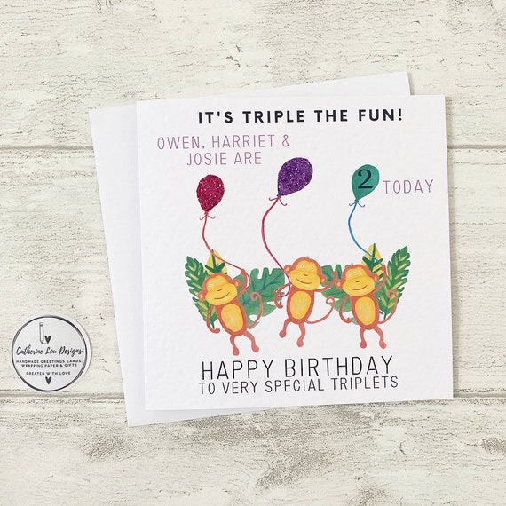 Triplets Birthday Card, Personalised Names and Any Age Happy