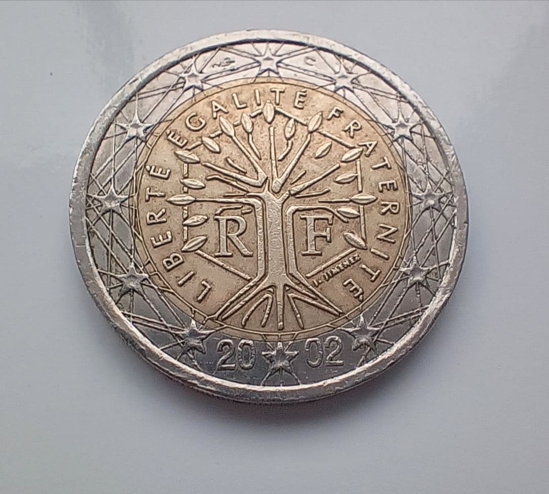 2002 年フランス 2 ユーロ硬貨: 造幣局エラー、「Liberte Egalite