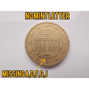 Germany 50 euro cent 2002 NO MINT LETTER unique error rare coin Brandenburg Gate other errors