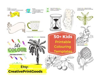 May include: A set of 50 printable coloring pages for kids. The pages feature a variety of images, including a scroll, a cup, an hourglass, a fly, a caterpillar, a palm tree, a flower, and a pineapple. The text "Let's Colour" is featured in a green circle with colorful pencils around it. The text "50+ Kids Printable Coloring Templates" is featured in a red rectangle.