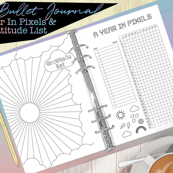 Printable Year in Pixels Mood Tracker and Gratitude Tracker for Planners and Journals  - Fits A5 and Half US Letter