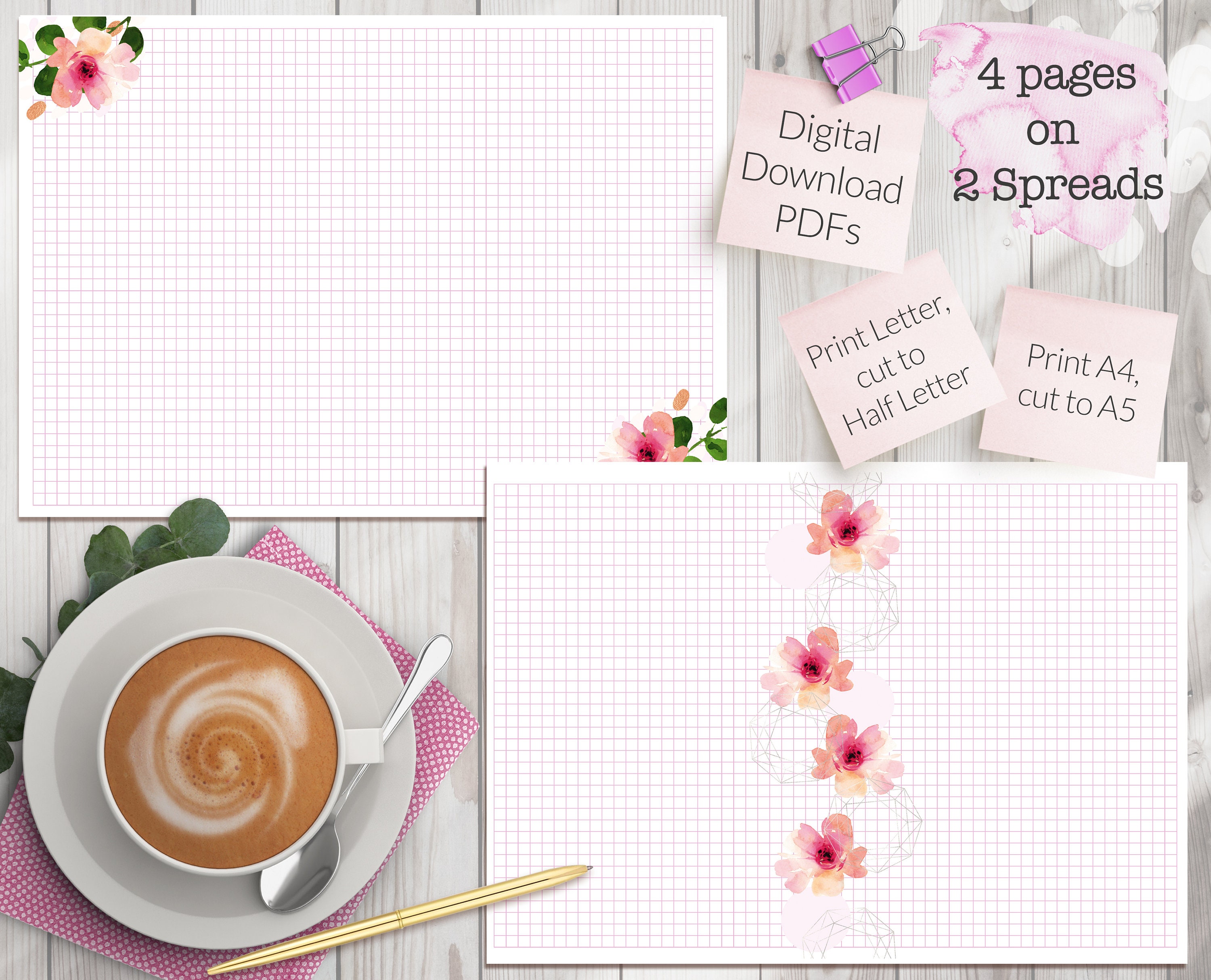 Printable Pink Grid Paper for Planners and Journals – Fits A5 and Half ...
