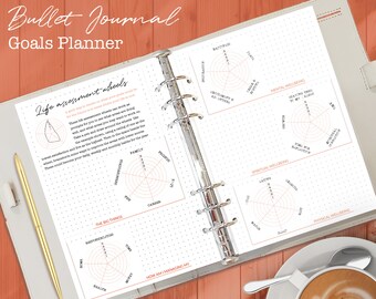May include: A white planner with a black and white polka dot pattern. The planner has a title that reads "Bullet Journal Goals Planner". The planner has several pages with different sections for goal setting, including "Life Assessment Wheels", "The Big Things", "How Am I Managing My", "Mental Wellbeing", "Spiritual Wellbeing", and "Physical Wellbeing".