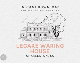 Legare Waring House Charleston SC – Ilustración de lugar de celebración de bodas SVG PNG PDF JPG – Imágenes prediseñadas de finca de Lowcountry