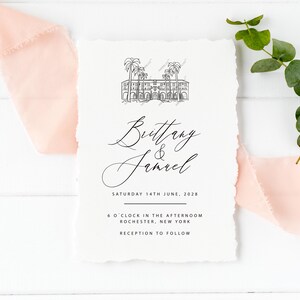 May include: A wedding invitation with a black and white illustration of a building with palm trees. The text reads "Brittany & Samrel, Saturday 14th June, 2028, 6 o'clock in the afternoon, Rochester, New York, Reception to follow."