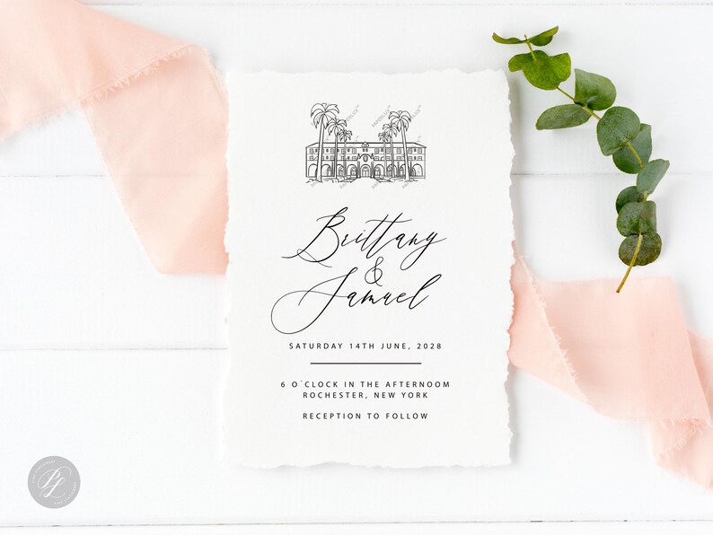 May include: A wedding invitation with a black and white illustration of a building with palm trees. The text reads "Brittany & Samrel, Saturday 14th June, 2028, 6 o'clock in the afternoon, Rochester, New York, Reception to follow."