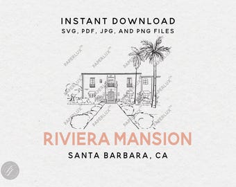 Ilustración del lugar para bodas Riviera Mansion en Santa Bárbara, California: imágenes prediseñadas dibujadas a mano en formatos SVG, PNG, PDF y JPG para invitaciones y decoración.