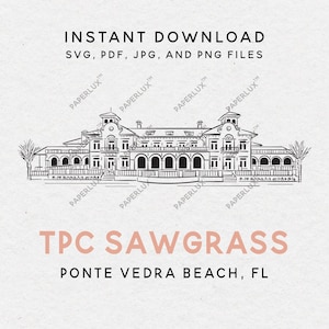 Può includere: Disegno a tratto in bianco e nero dell'edificio TPC Sawgrass a Ponte Vedra Beach, Florida. L'immagine include il testo "INSTANT DOWNLOAD" e i tipi di file. Illustrazione architettonica dettagliata.