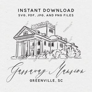 以下が含まれることがあります： 柱と高い塔のある大きな家の白黒の線画。家の下に「Gassaway Mansion」と「GREENVILLE, SC」の文字があります。