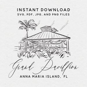 May include: A black and white line drawing of a pavilion with a palm tree in the background. The text "Grand Pavilion" and "Anna Maria Island, FL" is below the drawing.