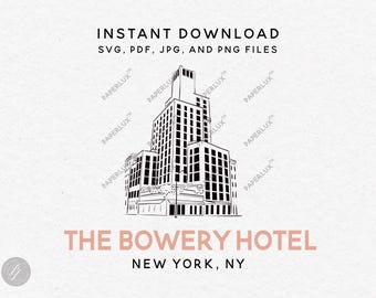 El Hotel Bowery de Nueva York: ilustración del lugar de celebración de bodas (svg, png, pdf, jpg) – Clipart de boda en un hotel boutique de Nueva York