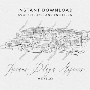 May include: A black and white line drawing of the Dreams Playa Mujeres resort in Mexico. The drawing shows the resort's buildings, pools, and landscaping. The text "Dreams Playa Mujeres" and "Mexico" is included in the drawing.
