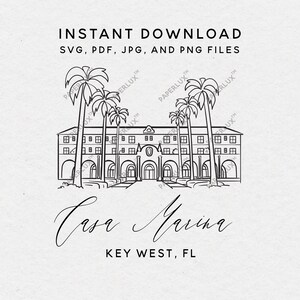 May include: Black and white line drawing illustration of a building with palm trees in front of it. The building has arches and windows. The text "Casa Marina" and "KEY WEST, FL" are below the building.