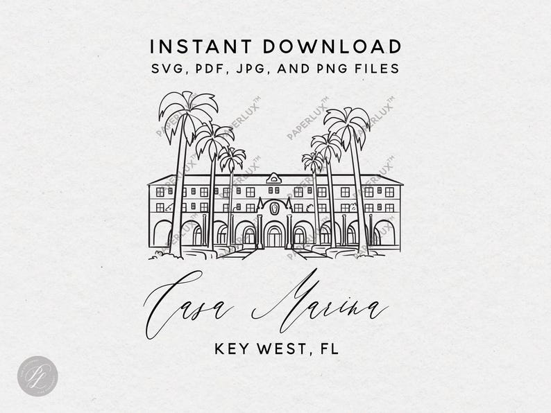 May include: Black and white line drawing illustration of a building with palm trees in front of it. The building has arches and windows. The text "Casa Marina" and "KEY WEST, FL" are below the building.