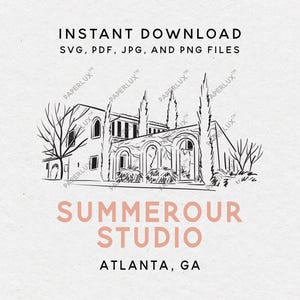 May include: A monochrome illustration of a building with arched windows and tall trees. The text "INSTANT DOWNLOAD" and file types are at the top. The words "SUMMEROUR STUDIO" and "ATLANTA, GA" are also included.