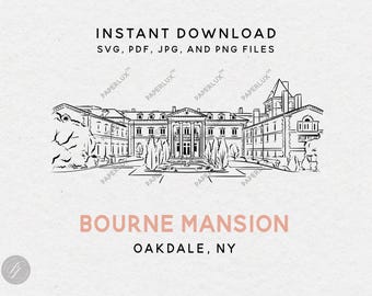 Mansión Bourne – Ilustración de lugar para bodas en Oakdale, NY – Imágenes prediseñadas para invitaciones, letreros y recuerdos – svg, png, pdf, jpg – Descarga instantánea
