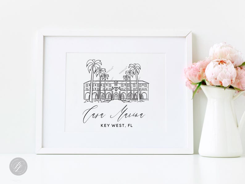 May include: A black and white line drawing of a building with palm trees in front of it. The text "Casa Marina" and "Key West, FL" is below the drawing.