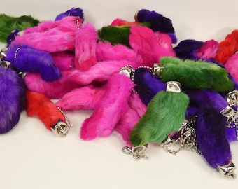 Bulk 100 New Lucky Rabbit's Foot Key Chains, Zipper Pulls, Charm in Red, Blue, Purple, Pink, and Green Colors