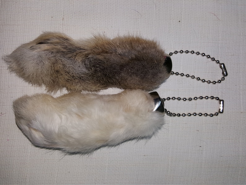 May include: Two rabbit foot keychains with silver chains. The top keychain has a brown rabbit foot and the bottom keychain has a white rabbit foot.