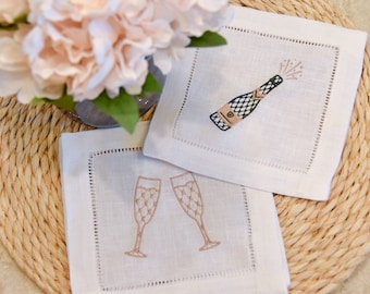 Embroidered Linen Cocktail Napkin: Champagne Flute Design, Hemstitch Party Napkin