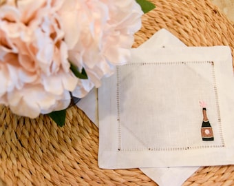 Embroidered Champagne Bottle Linen Cocktail Napkin - Hemstitch Party Napkin