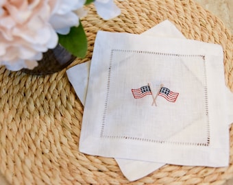 Embroidered American Flag Linen Cocktail Napkins: July 4th Decor