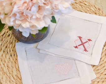 Embroidered Linen Cocktail Napkin: Chic Valentines Heart & XO Design