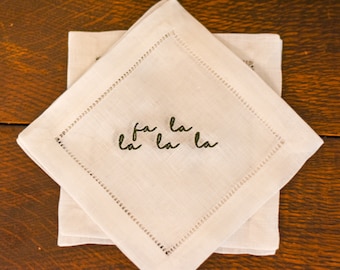Fa La La Linen Cocktail Napkin: Embroidered Holiday Napkins