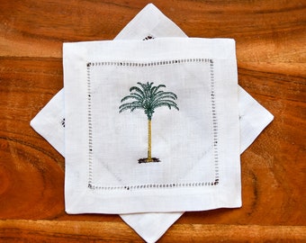 Embroidered Palm Tree Cocktail Napkin: Hemstitch Linen, Beach Decor