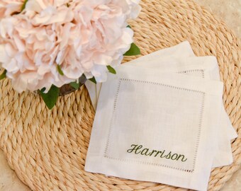 Monogrammed Linen Cocktail Napkins: Hemstitch Party Napkin