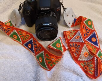 Orange camera strap with design