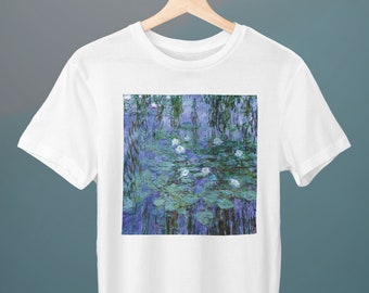 Blaue Seerosen, Claude Monet Malerei, Unisex T-Shirt, Kunst T-Shirt, Blumen T-Shirt, Lilien, Geschenk für sie, Geschenk für ihn, Kunstliebhaber Geschenk