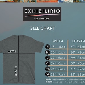 May include: Size chart for a t-shirt with measurements in inches and centimetres. The chart shows the width and length of the shirt in different sizes: S, M, L, XL, 2XL, and 3XL.  WIDTH is measured armpit to armpit when laid flat. LENGTH is measured neck to bottom hem when laid flat.