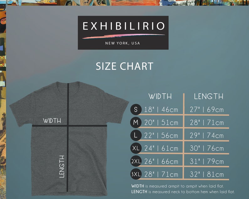 May include: Size chart for a t-shirt with measurements in inches and centimetres. The chart shows the width and length of the shirt in different sizes: S, M, L, XL, 2XL, and 3XL.  WIDTH is measured armpit to armpit when laid flat. LENGTH is measured neck to bottom hem when laid flat.