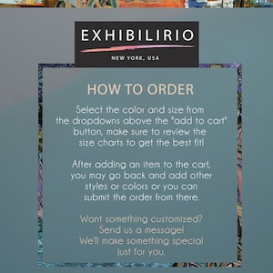 May include: A blue and white text box with the words "EXHIBILIRIO" and "NEW YORK, USA" at the top. The text box contains instructions on how to order from the shop, including information about selecting colours and sizes, reviewing size charts, and customising orders.