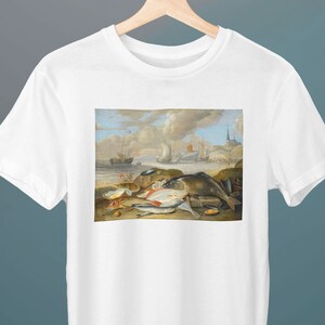 Still life of fish in a harbor landscape, Jan van Kessel the Elder, Unisex T-Shirt, Gift for Her, Gift for Him, Art Lover Gift