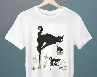 May include: A white t-shirt with a black and white illustration of a cat on it. The cat is in a silhouette and is looking to the right. The illustration also includes the text "1896".