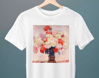 May include: A white t-shirt with a print of a painting of a bouquet of pink, white, and red flowers in a blue vase. The flowers are arranged in a vase on a table with a white tablecloth.