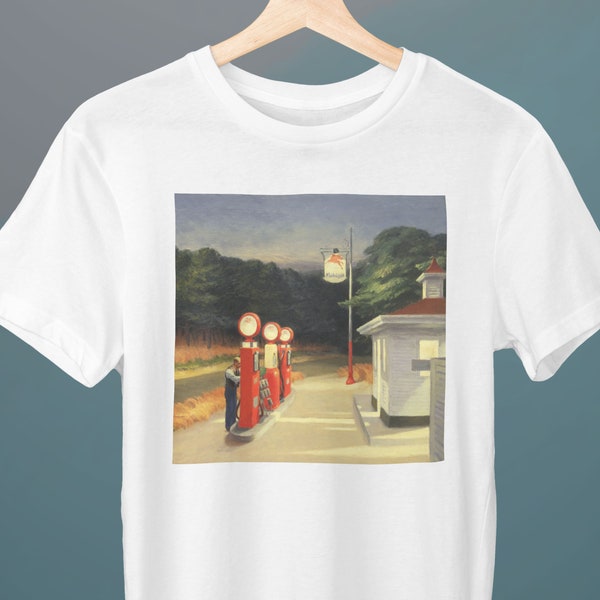 Gaz, Peinture Edward Hopper, T-shirt unisexe, T-shirt d’art, Station-service, Cadeau pour elle, Cadeau pour lui, Cadeau d’amateur d’art