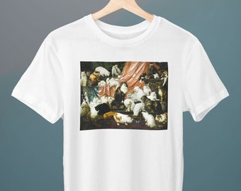 Pode incluir: Camiseta branca com uma estampa de uma pintura de muitos gatos em um quarto com uma cortina rosa.