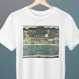 Houses by the River, The Old City, Egon Schiele Painting, Unisex T-Shirt, Cityscape, Art Nouveau, Art T-Shirt, Gift for Her, Gift for Him